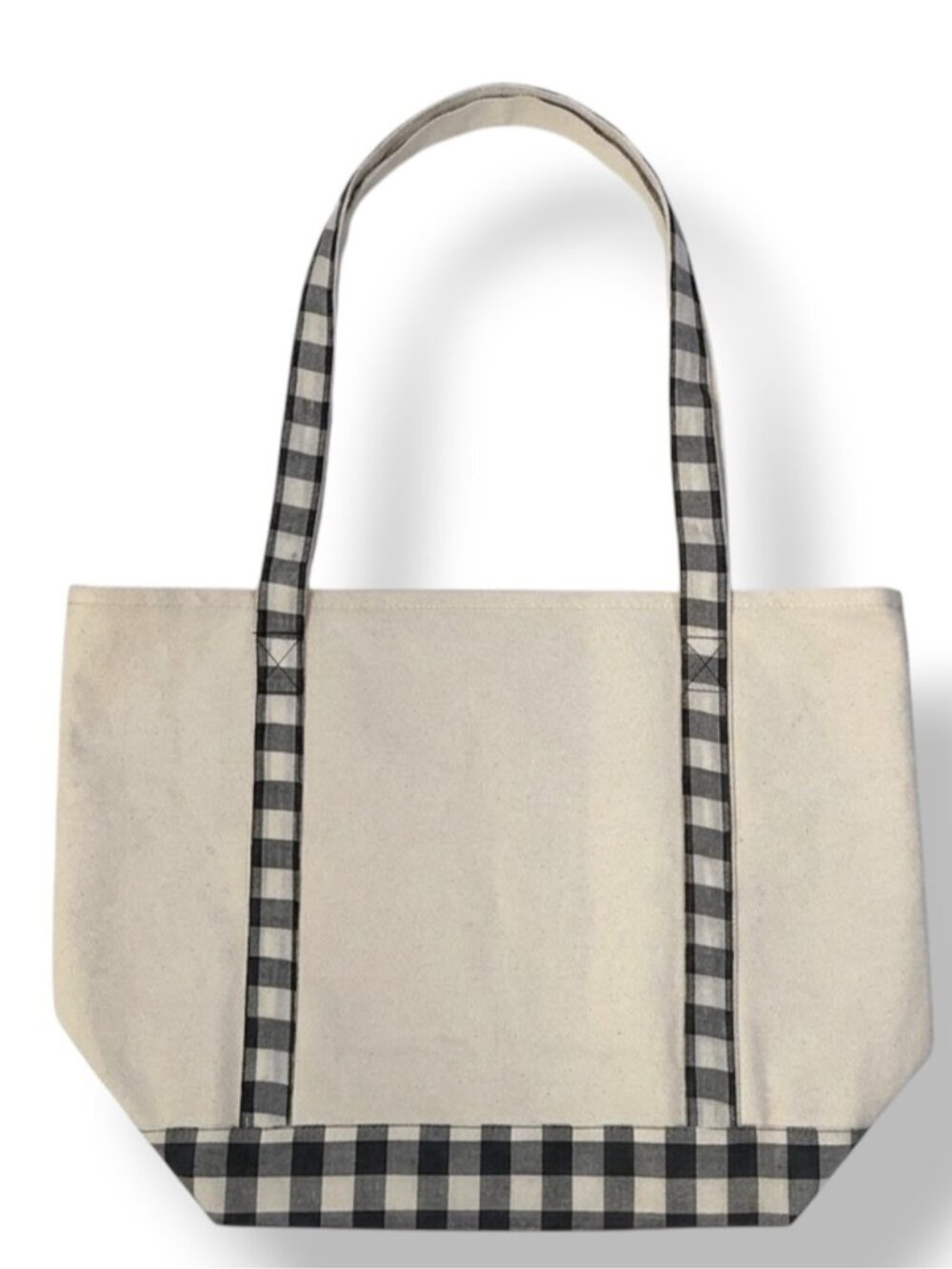 Large Tote Heavyweight Canvas Black White Neutral Tan Gingham Buffalo Plaid - Picture 4 of 16
